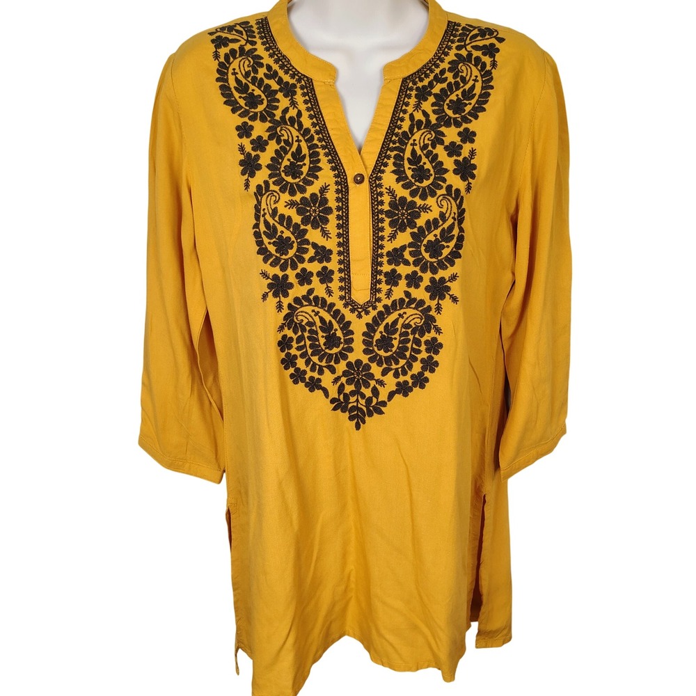 Ibiza Womens Mustard Yellow Embroidered Boho Tunic Top Size S‎ Viscose